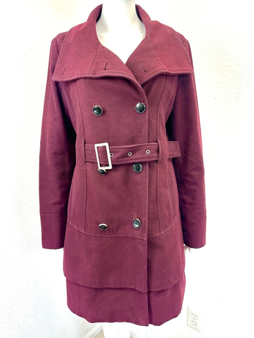 Black Rivet Women’s Sz L Burgundy Peacoat Belted Wool Blend Double Breasted